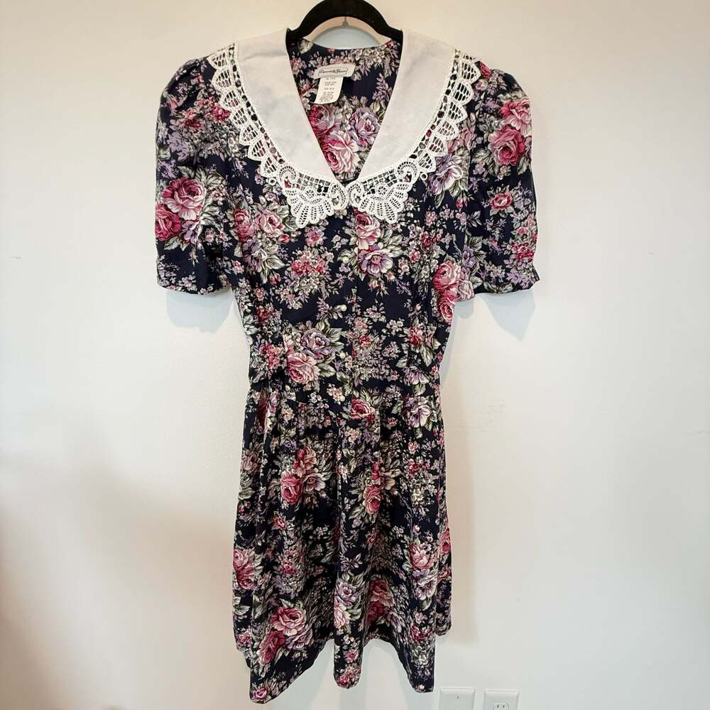 Vtg 80s Especially Yours Floral Midi Dress Lace Collar Cottagecore Prairie 15/16